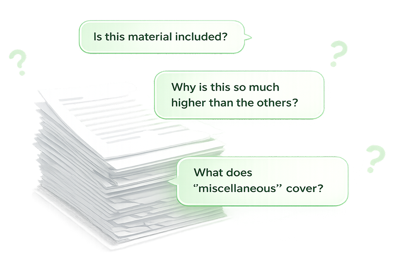 Complex contractor quote with confusing jargon and hidden fees
